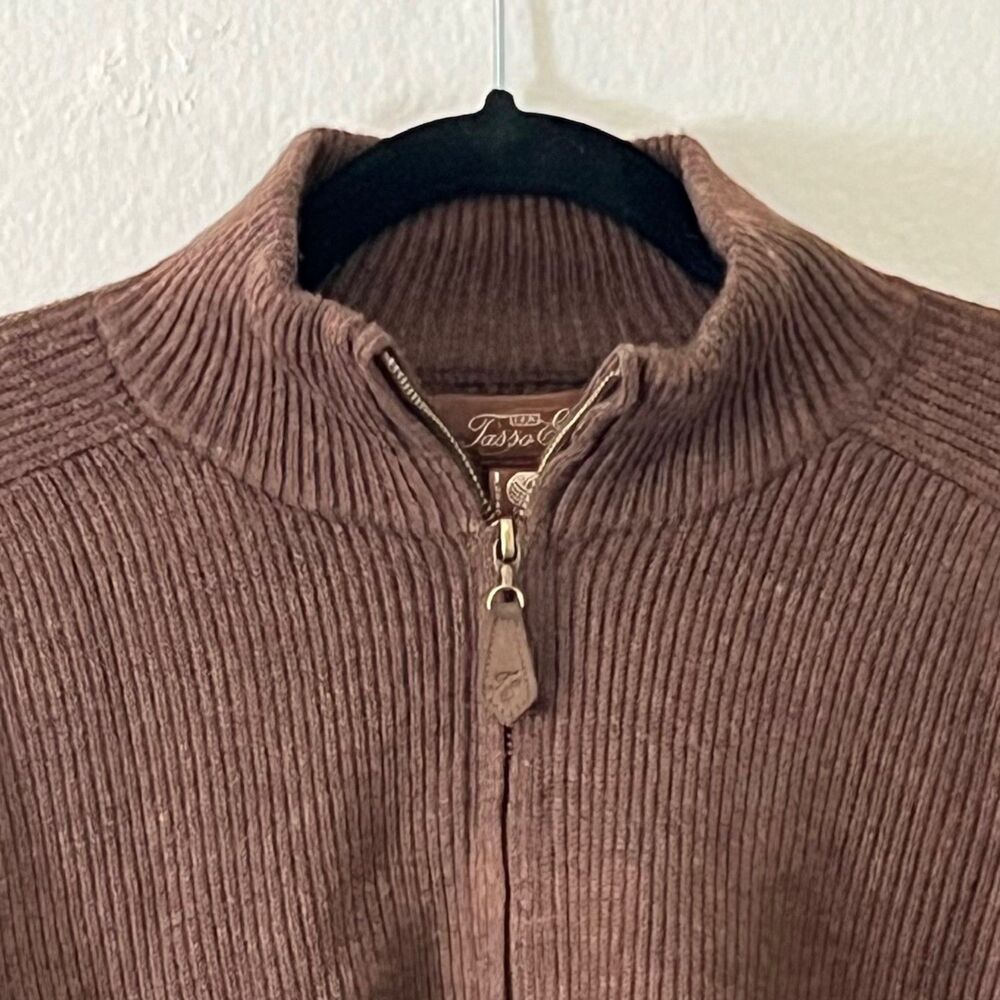 Tasso Elba Pure Merino Wool Zip Thru Brown Cardigan Knit Sweater Size L